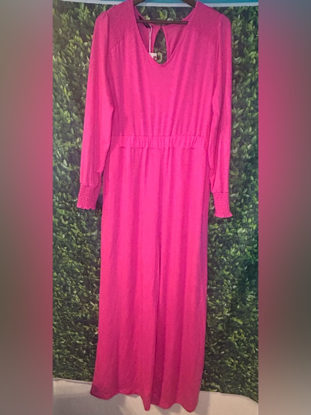 Long Sleeve Fuchsia Jumpsuit with Smocked Cuffs